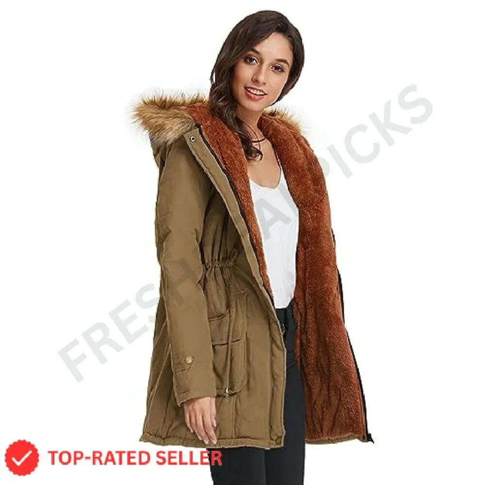 Women's Fleece Lined Parka Jacket Hooded Military Style Winter Coat Warm